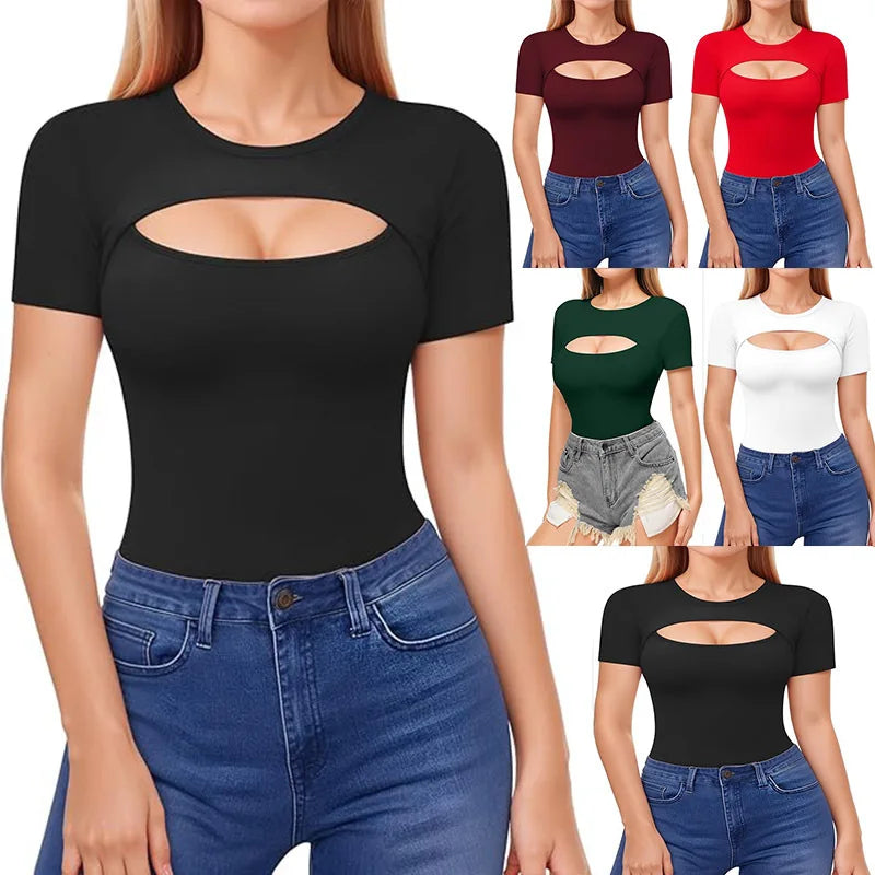 Seductive Tops Intricate Hollow Lacework T-Shirt Figure Hugging RoundNeck Blouse Classic Comfortable SolidColor Shirt