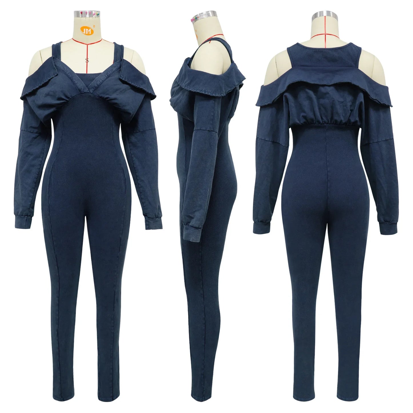 CM.YAYA Fashion Women Knit Ribbed Long Sleeve Moto Biker Jumpsuits Strap Autumn Washed Streetwear Slim One Piece Suit Romper