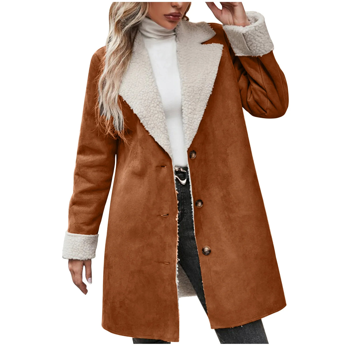 Warm Fleece Lined Suede Coat With Notch Lapel for Women