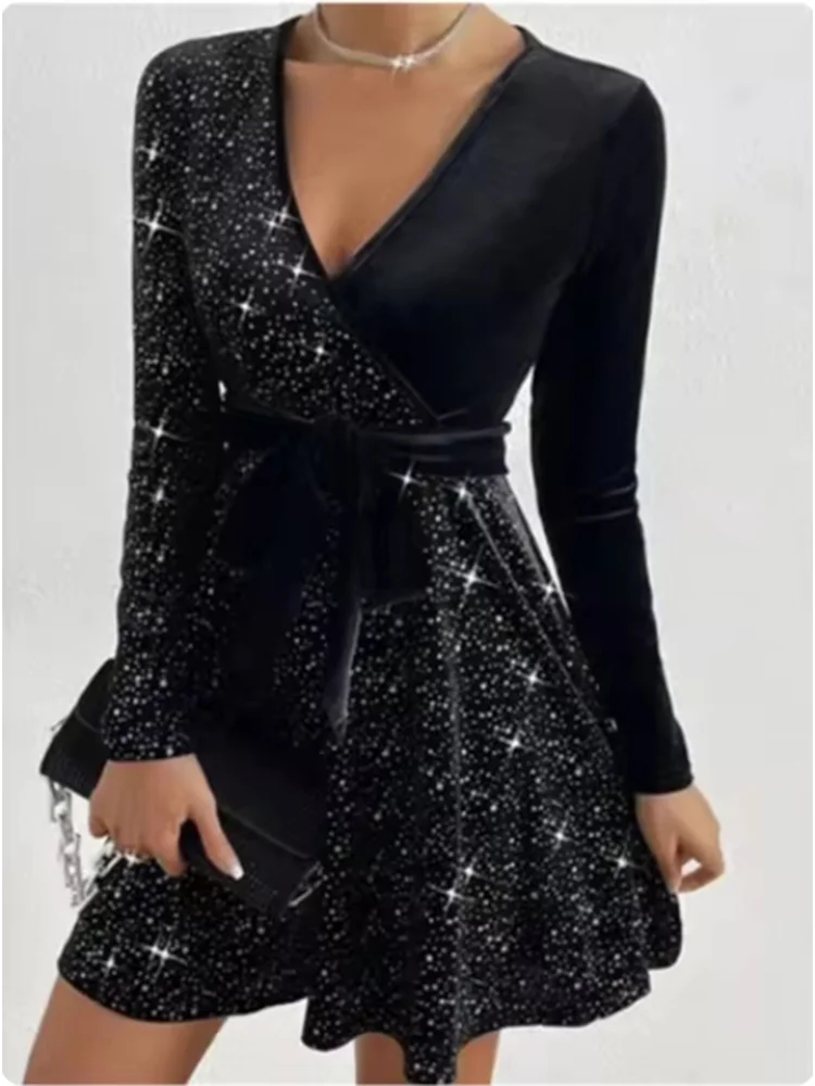 V Neck Sequin Long Sleeve Dress