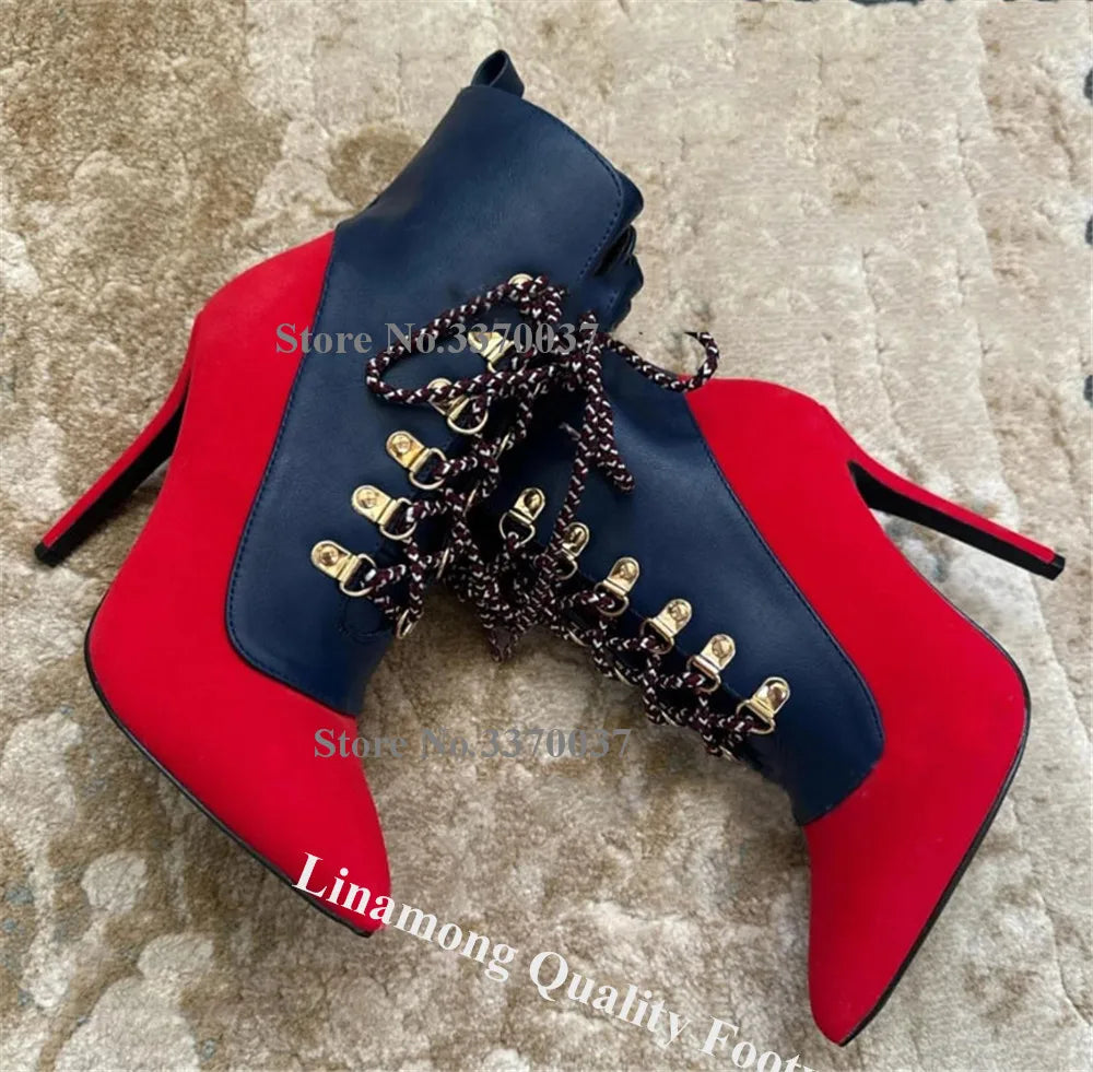 Red Blue Patchwork Buckles Lace Up Ankle Boots for Women