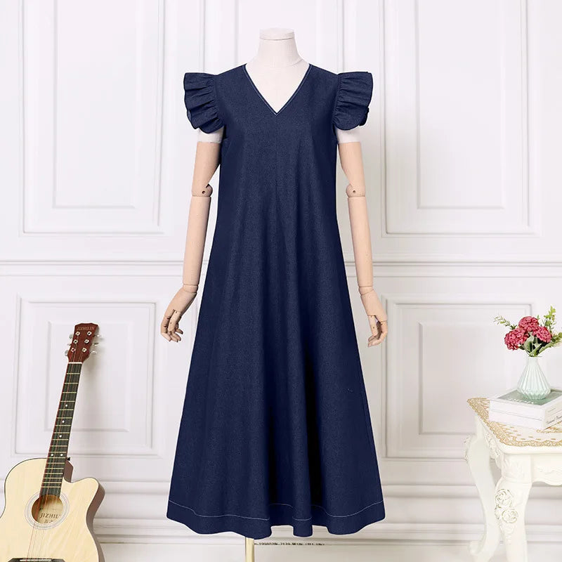 Bohemian Style V Neck Flutter Sleeve Denim Maxi Dress for Women