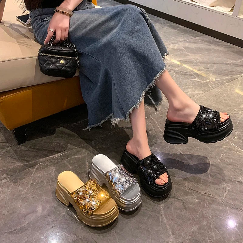 Metallic Sequined Platform Wedge Sandals for Women