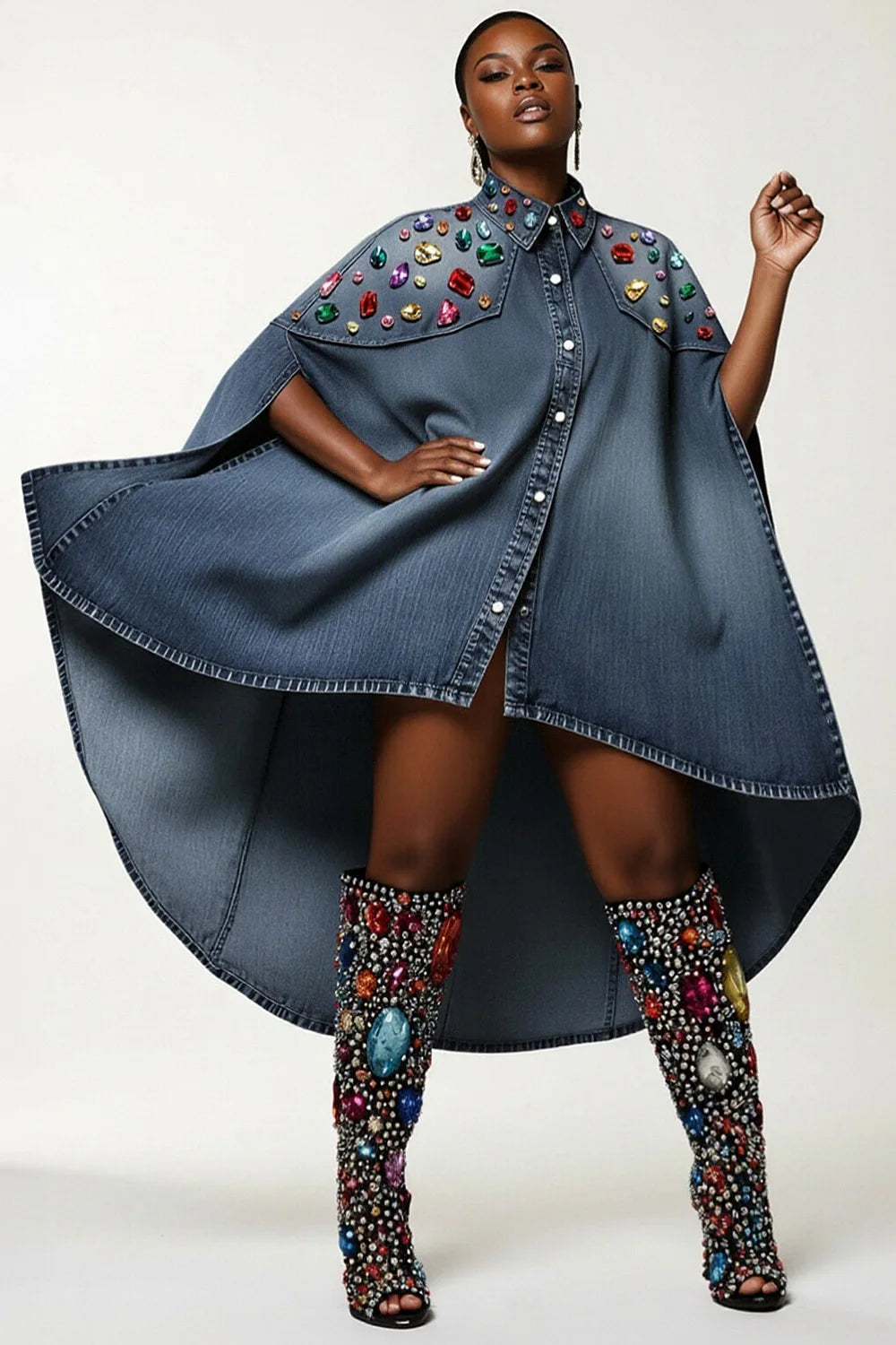 Plus Size Party Blue Shirt Collar Half Sleeve Denim Mini Dress for Women
