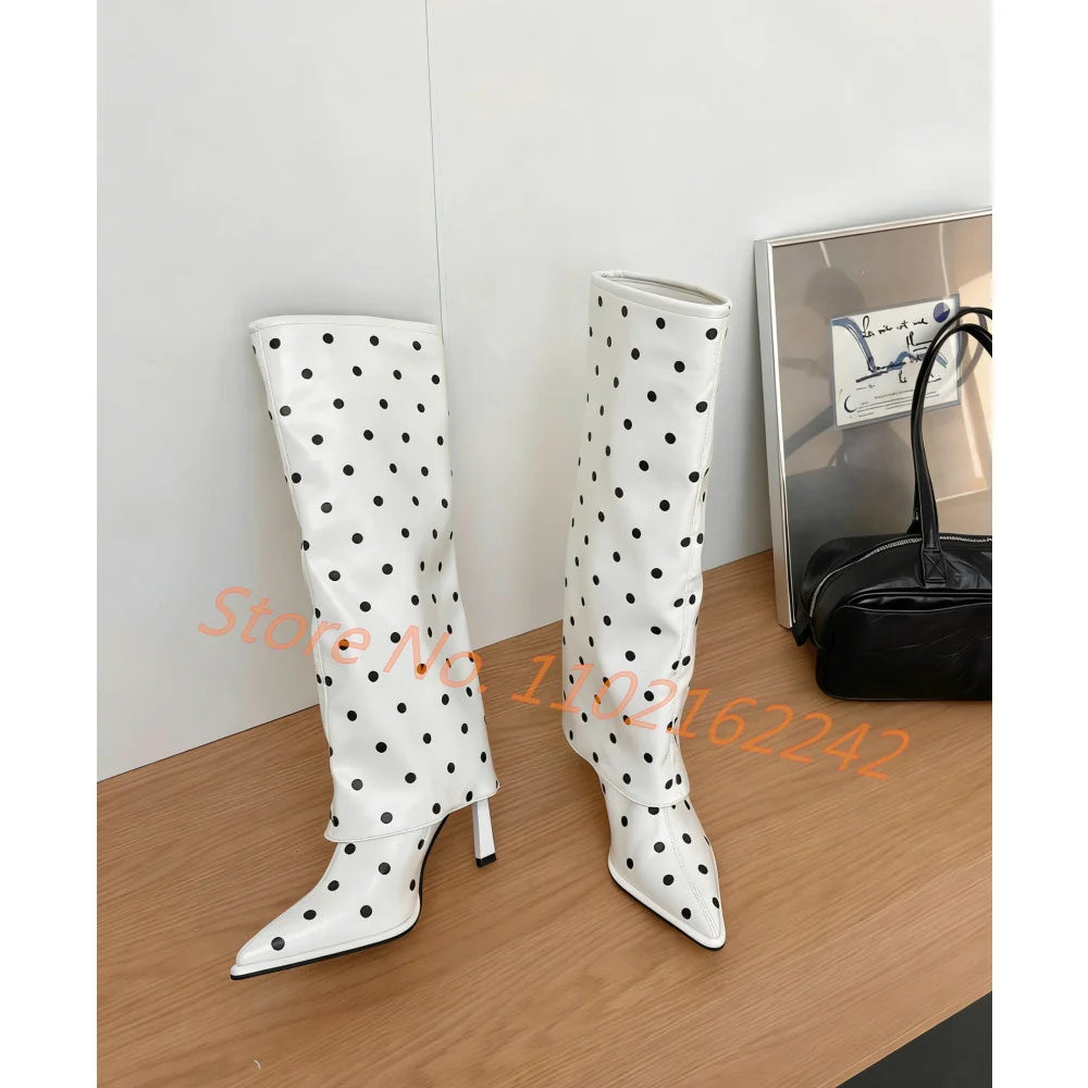 Polka Dot Pointed Toe Stiletto Knee High Boots for Women