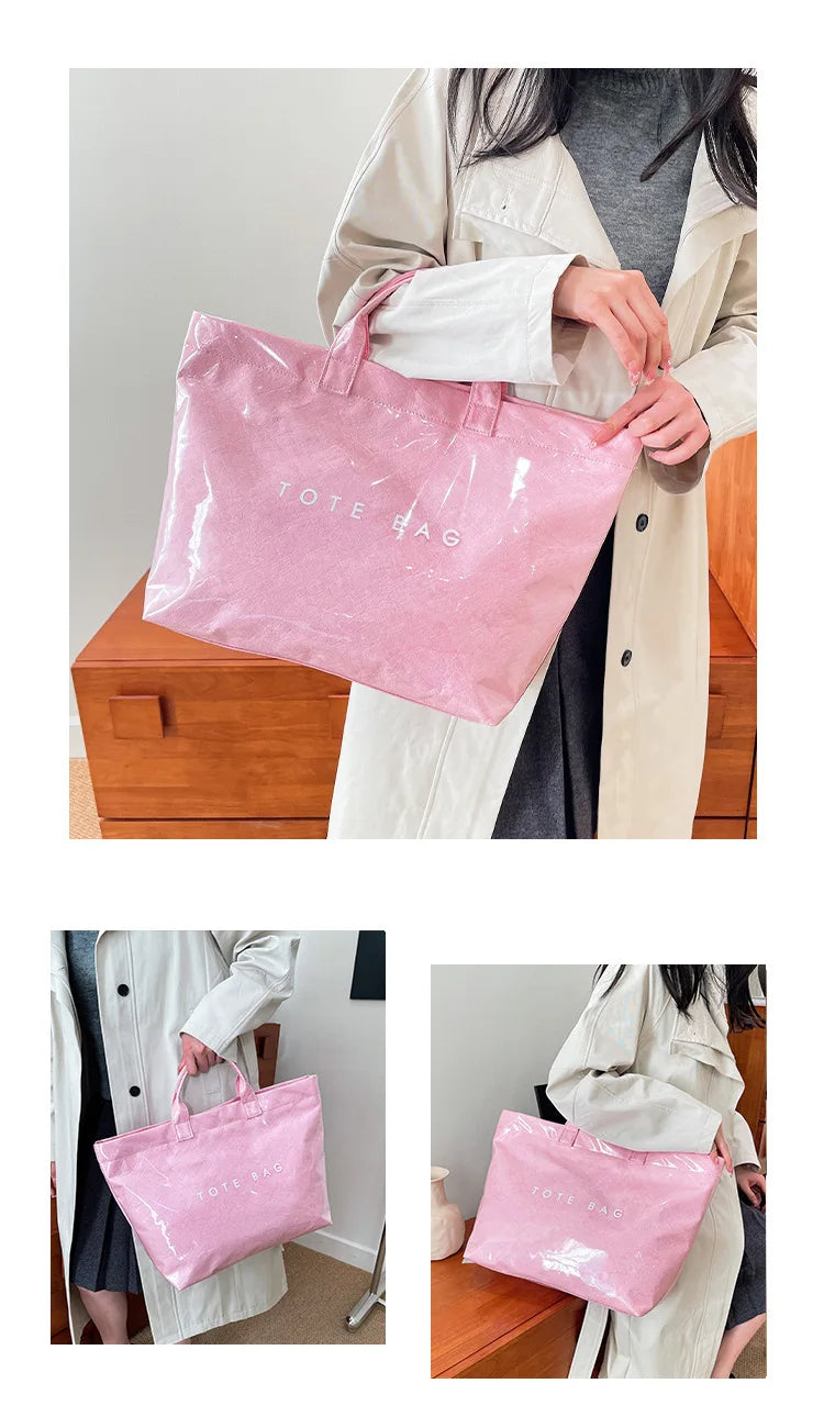 Kraft paper jelly waterproof bag, women's new retro commuting large capacity DuPont paper tote bag