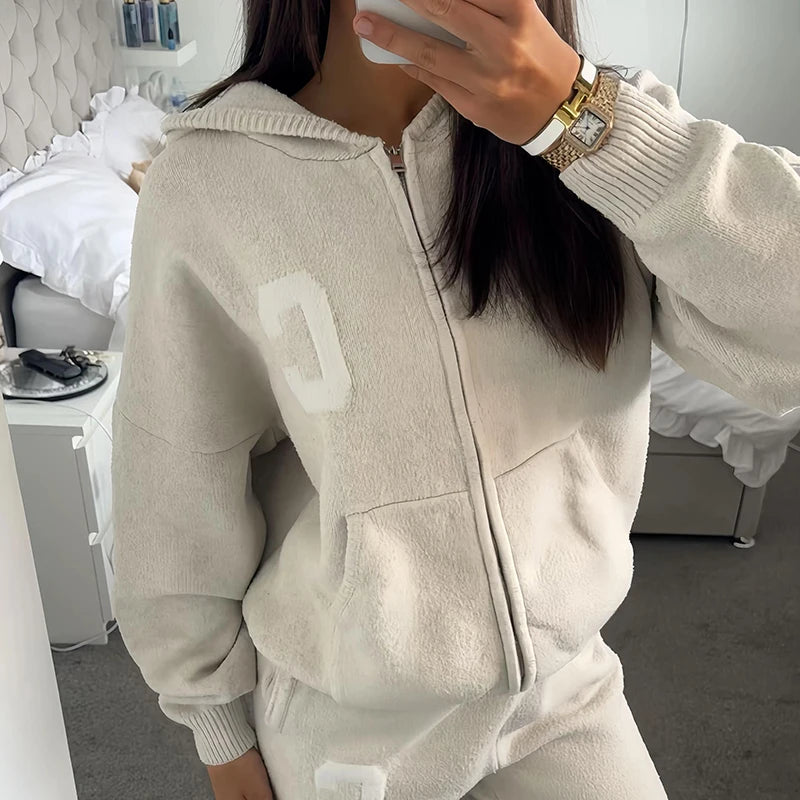 Letter Print Hooded Two Piece Set With Wide Leg Pants for Women