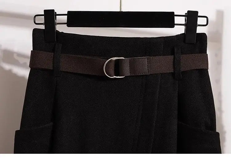 High Waisted Black Wool Midi Skirt With Pockets for Women