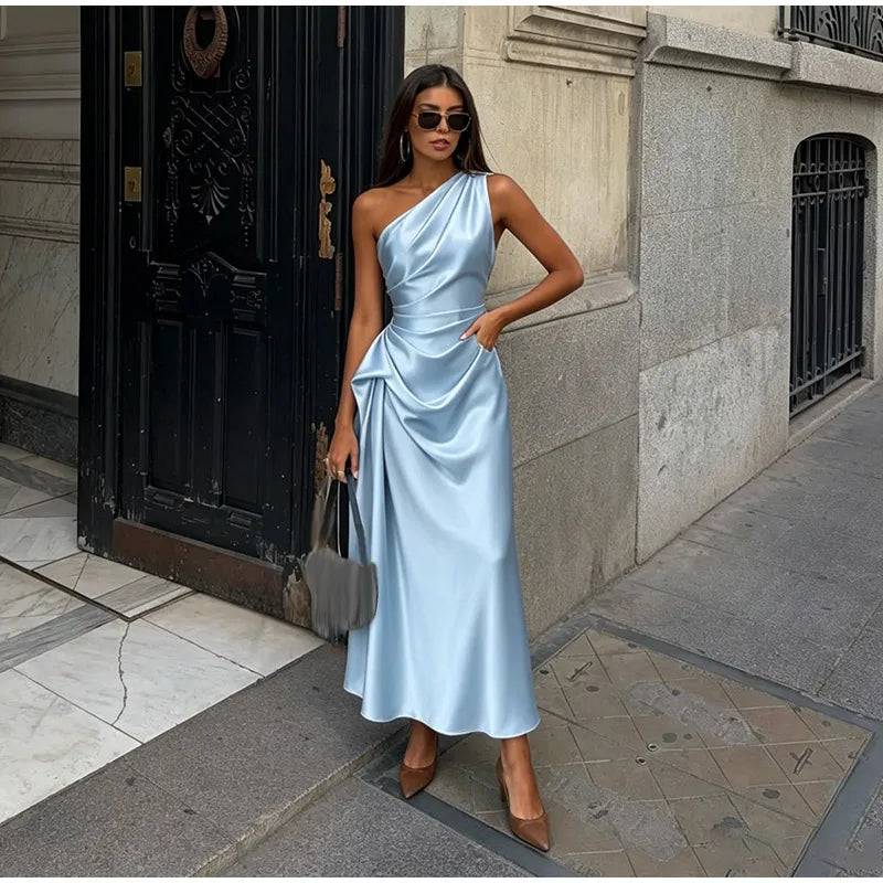 Charming One Shoulder Ruched Waist Satin Midi Dress For Women