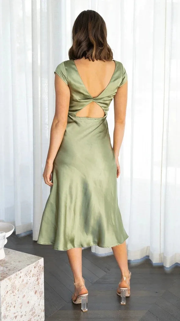 Elegant Solid Color Satin Slim Backless Slit Dress for Women