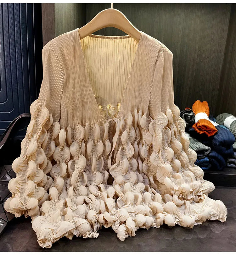 Elegant Lace Up Pleated Long Sleeve Coat for Women