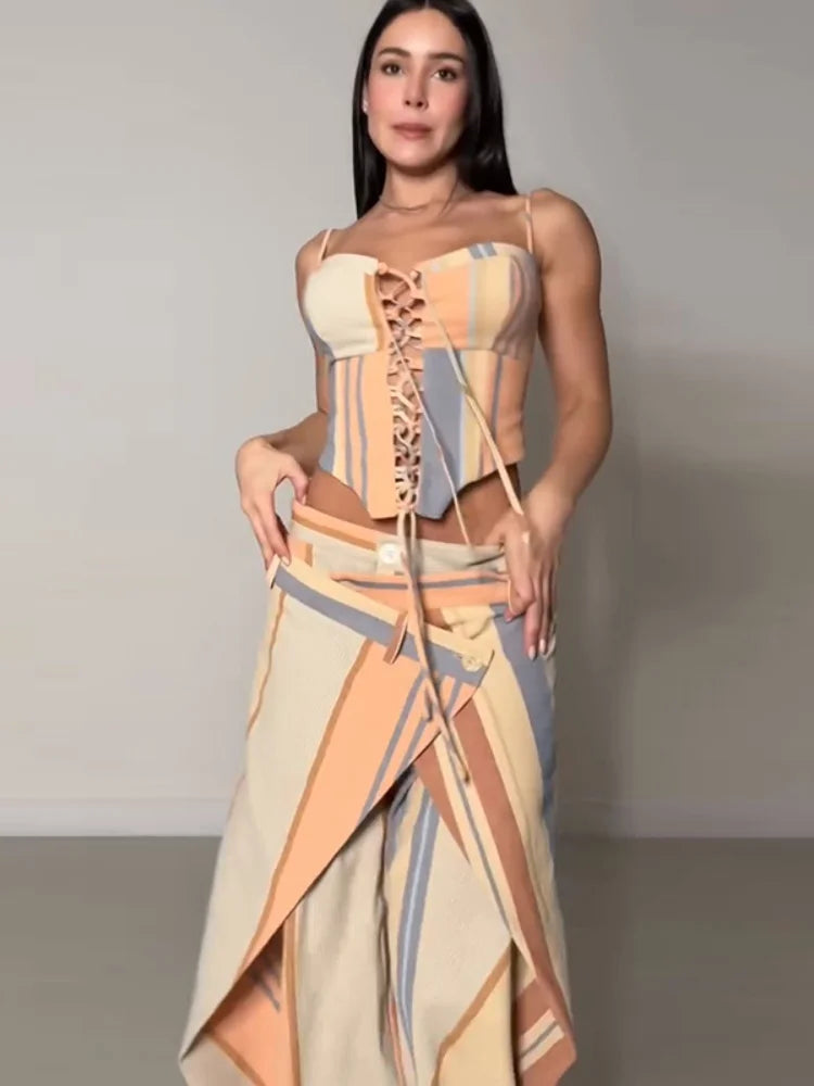 Striped Patchwork Vest and Asymmetric Trousers Set for Women