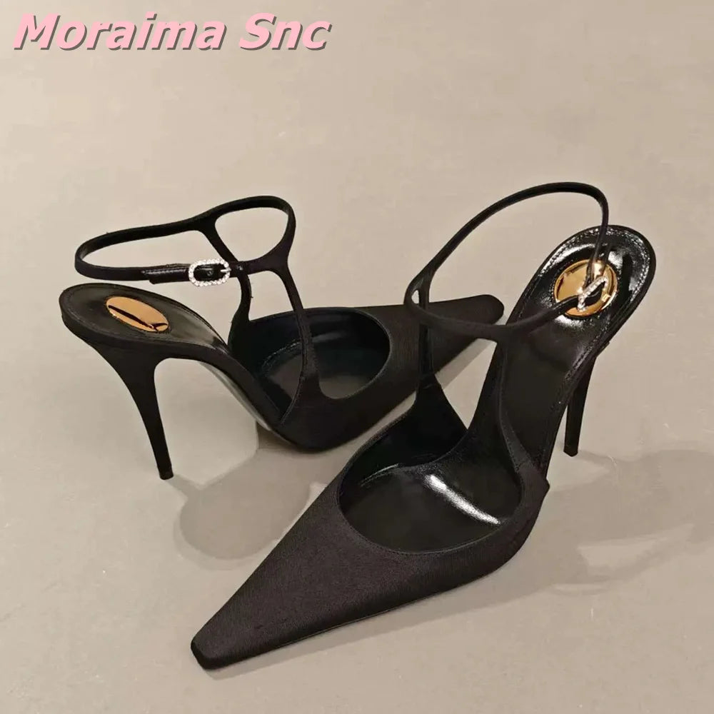 Black Satin Pointed Toe Ankle Strap Stiletto Sandals For Women