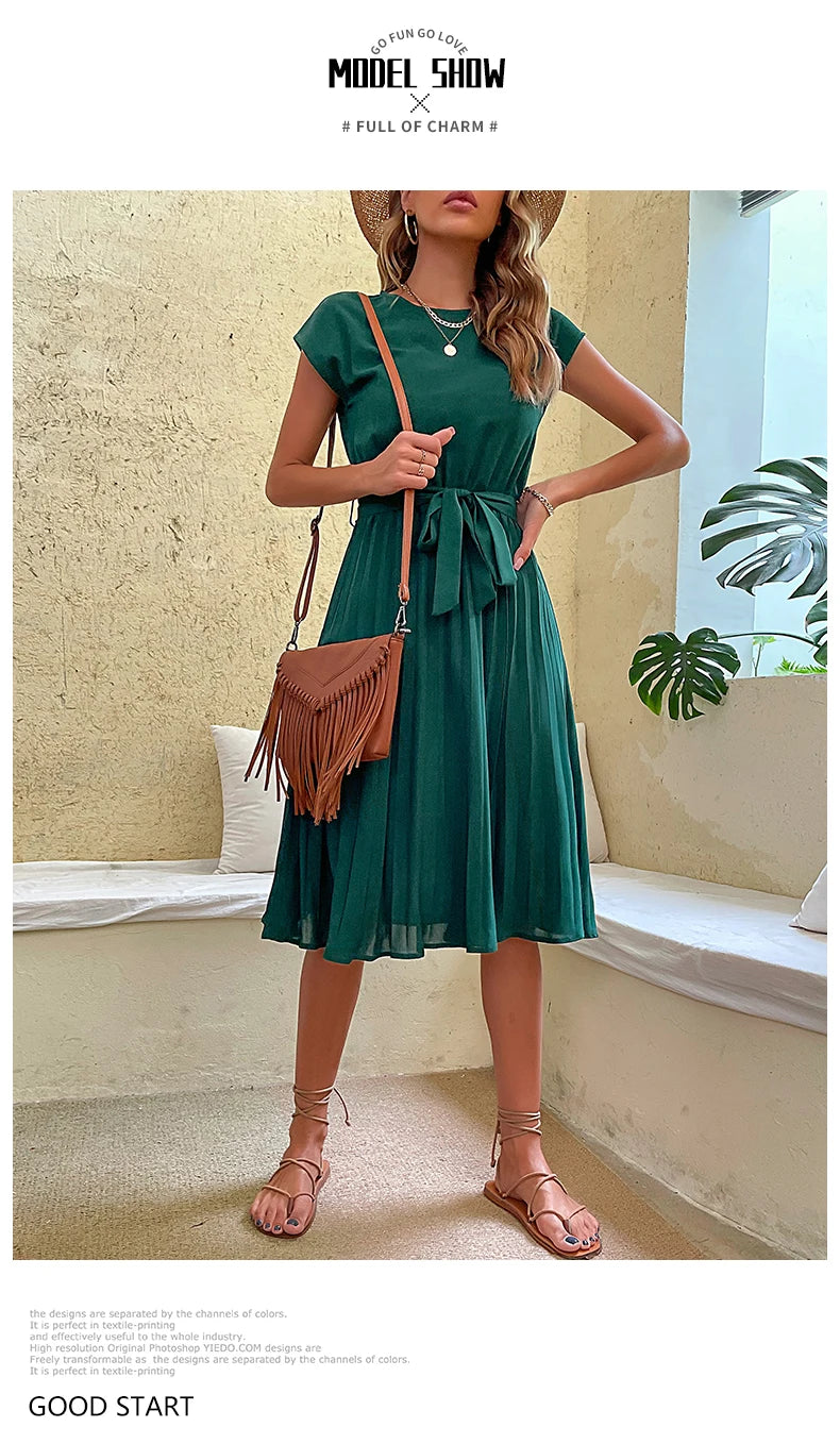 Chic Casual Pleated Short Sleeve Midi Dress for Women