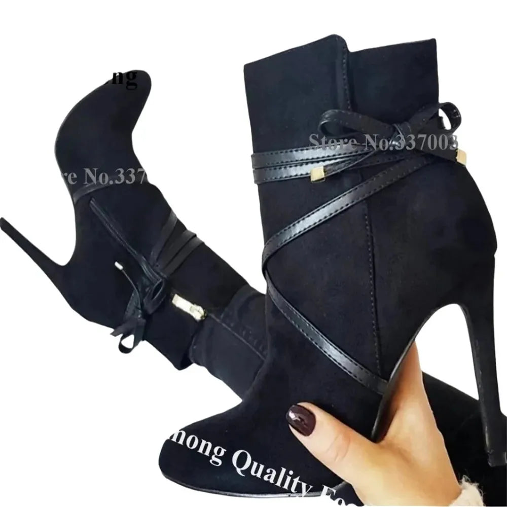 Black Suede Strappy Stiletto Ankle Boots for Women