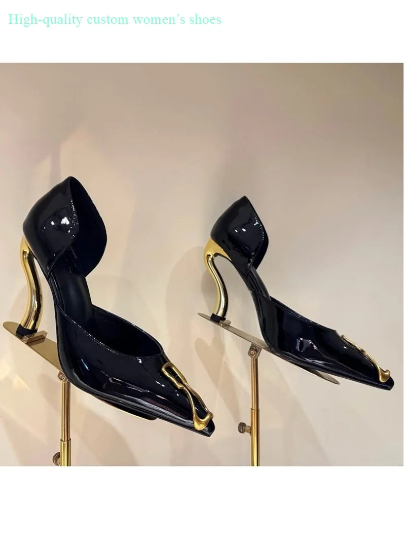 Black Leather Pointed Toe Stiletto Pumps With Buckle Strap For Women