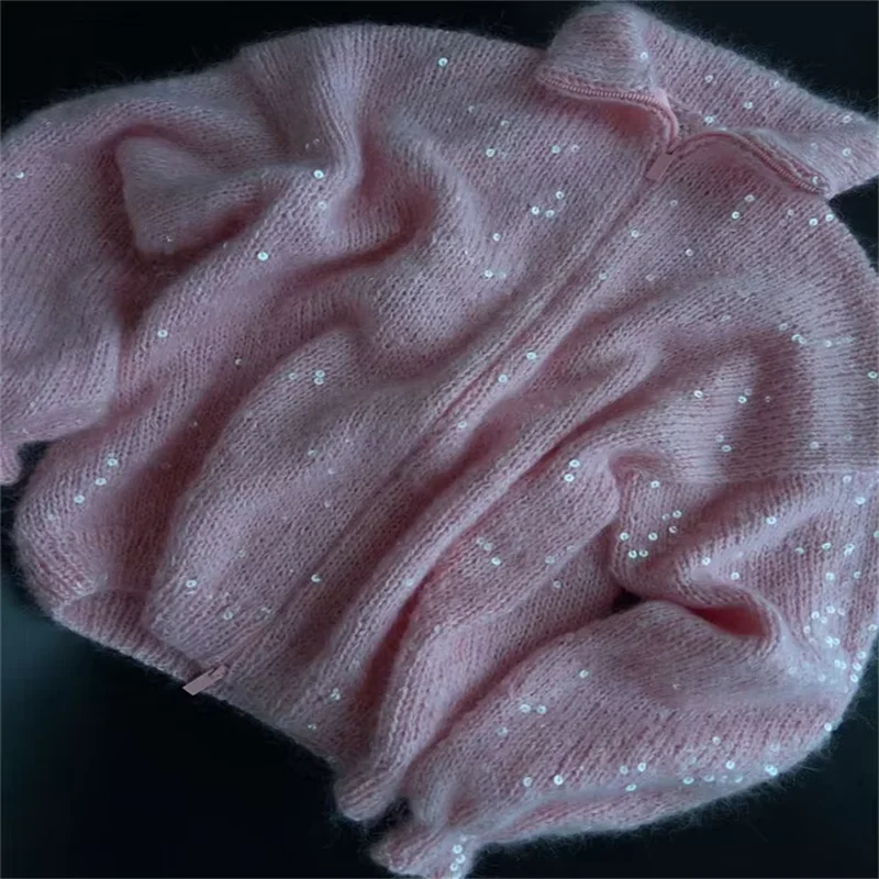 Sequins Knit Women 's Sweater Elegant Stand Collar Y2k Full Sleeve Sweaters Lady 2025 New Autumn Winter Woman Jacket Knitwear