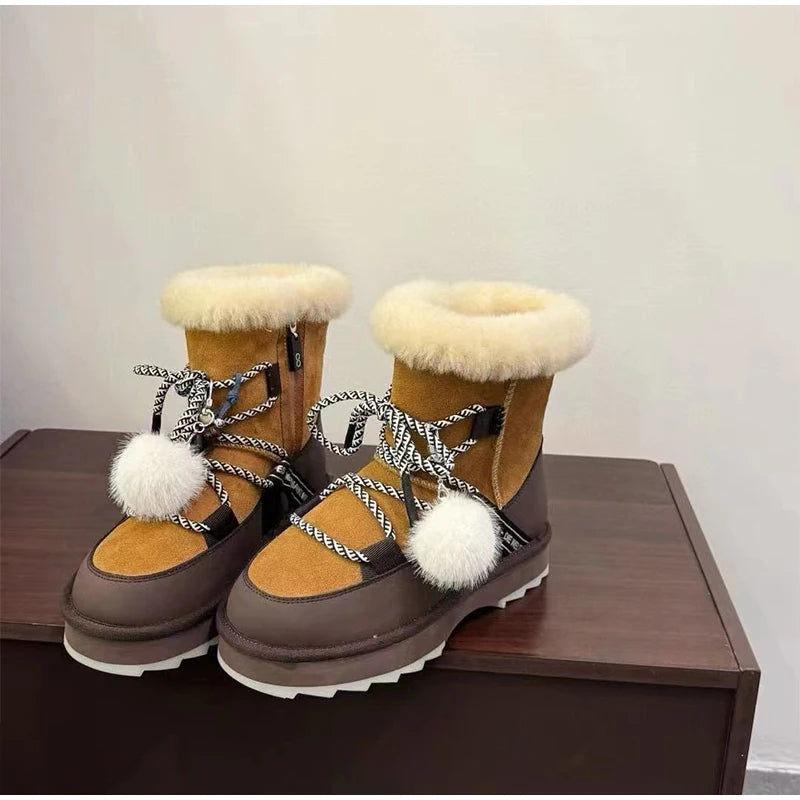 Plush Warm Snow Boots For Women Fashion Short Thick Non-slip Sports Shoes Lace-up Zipper Ankle Boots Thick Sole Shoelace Pendant