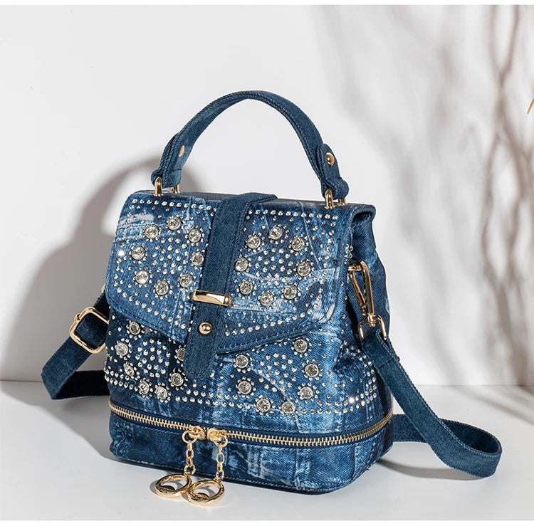 Diamond Embellished Denim Multiway Backpack for Women