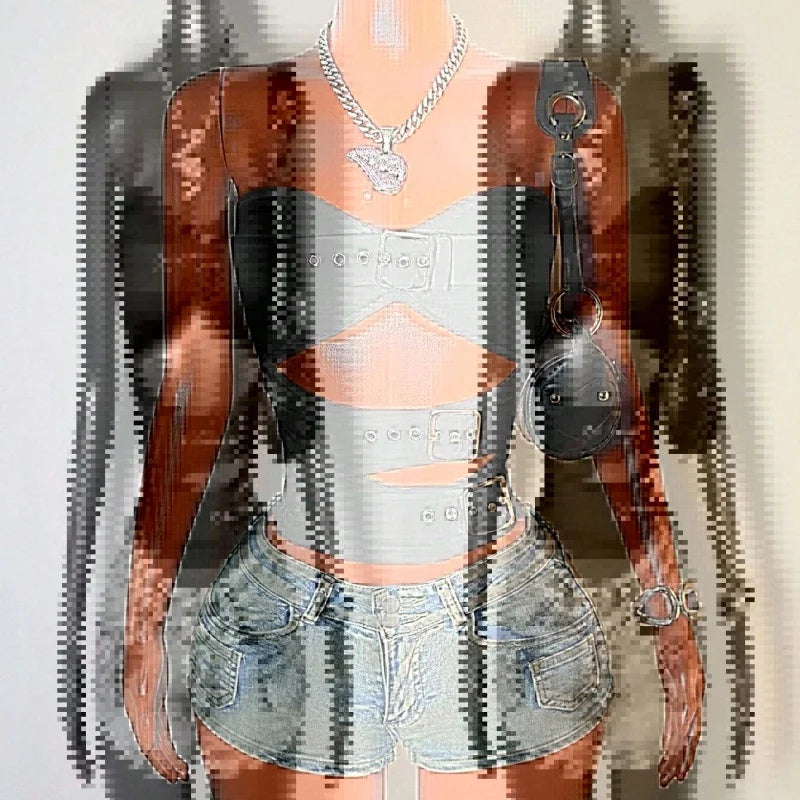 White Strapless Cutout Buckle Streetwear Crop Top for Women