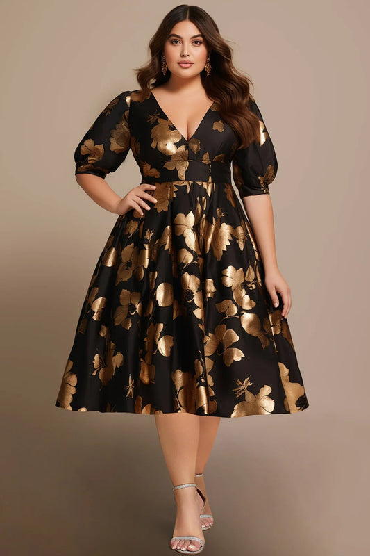 Flycurvy Plus Size Cocktail Gold Floral Print Puff Sleeve Empire Waist Tea-Length Dress