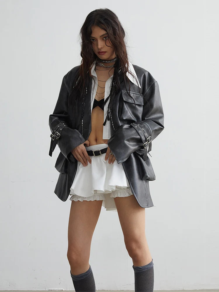 Loose Fit Black Faux Leather Jacket With Pockets for Women