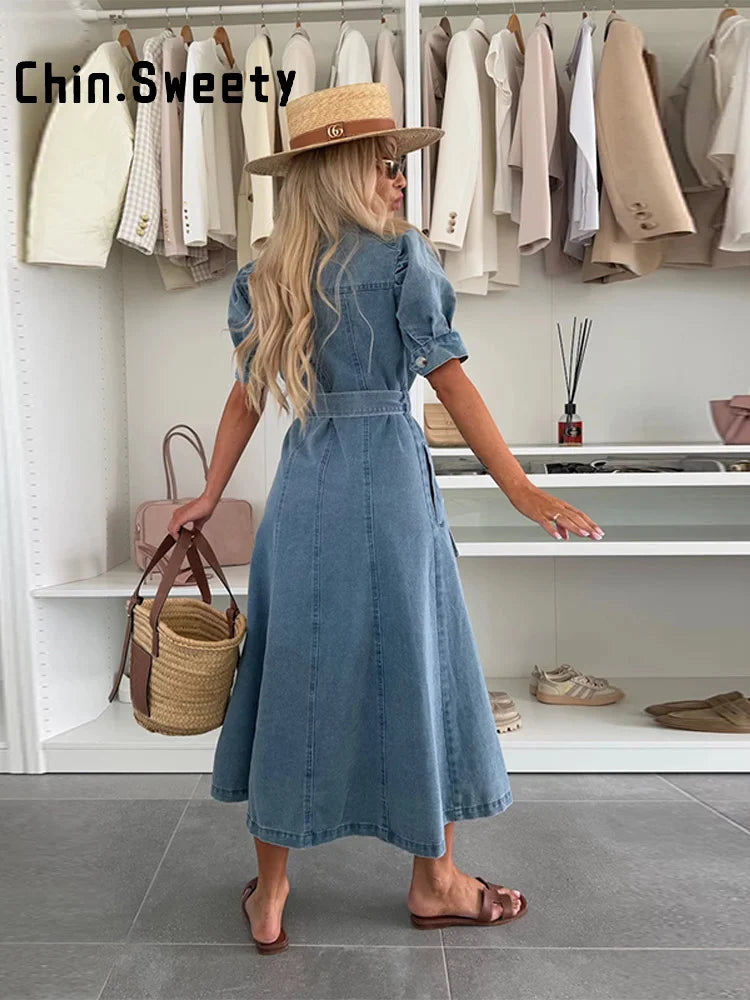 Casual A Line Single Breasted Denim Maxi Dress For Women