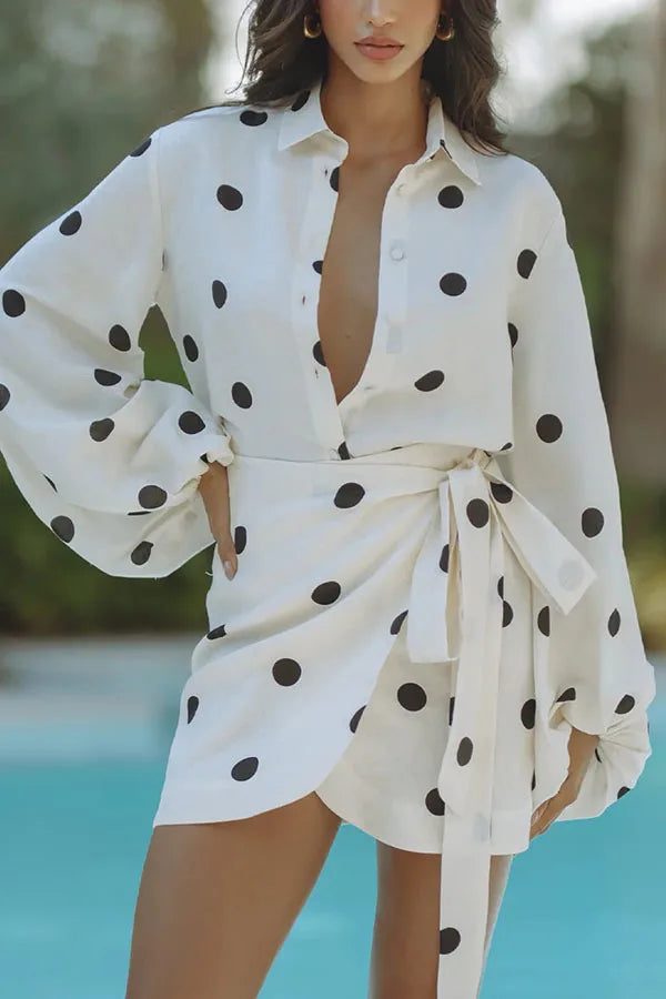 Women Summer New Long-sleeved Printed Polka Dot Shirt Top & Casual Loose Shorts 2pcs Set