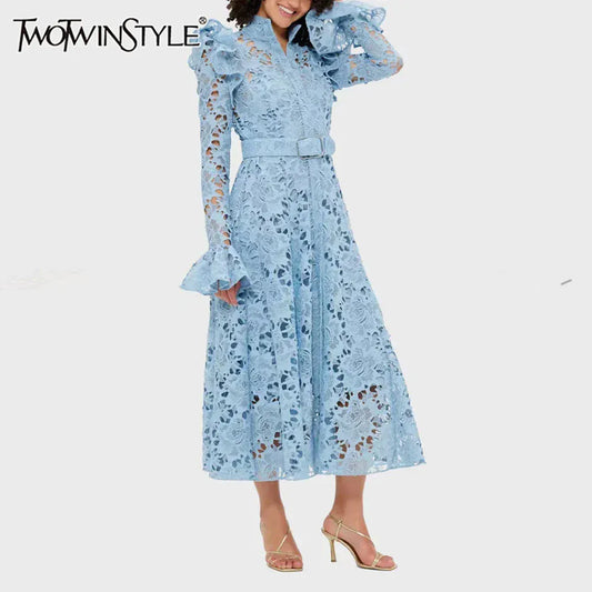 TWOTWINSTYLE Solid Hollow Out Midi Dresses for Women Round Neck Long Sleeves Patchwork Folds Temperament Dress Female Clothing
