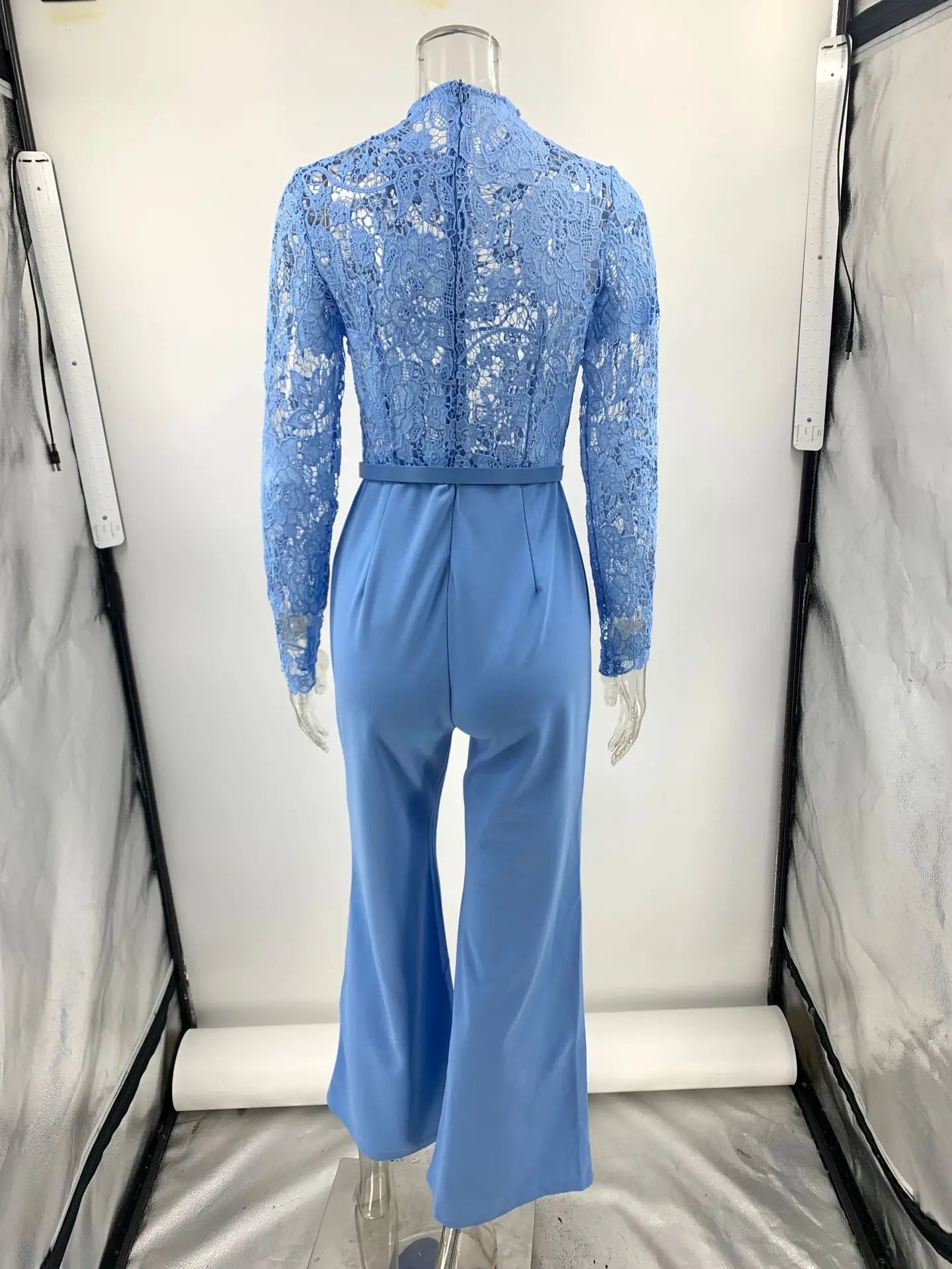 Embroidery Lace Blue Jumpsuits Women Sexy Slim Long-sleeved Belt High Waist Jumpsuit Female 2025 Casual Lady Party Jumpsuits