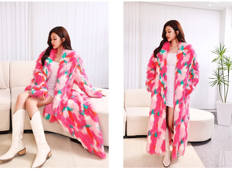 Colorful Plush Oversized Faux Fur Maxi Coat for Women