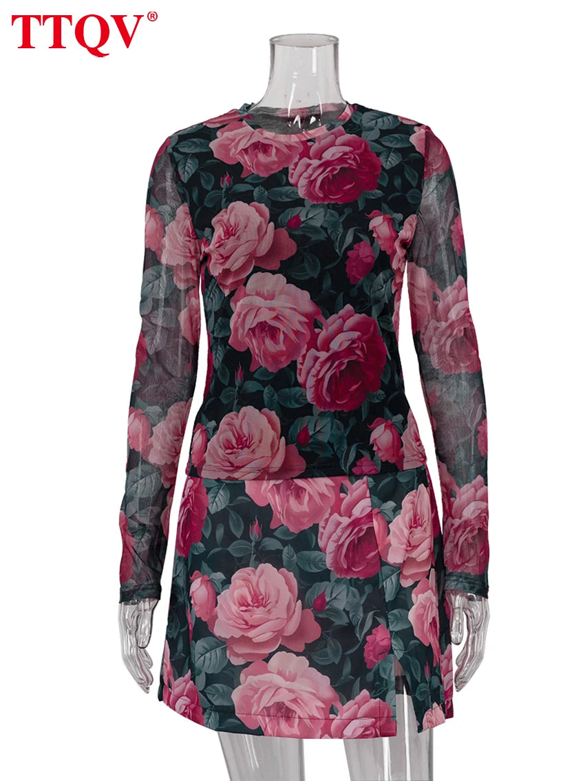 Printed Long Sleeve Shirt and Mini Skirt Two Piece Set for Women