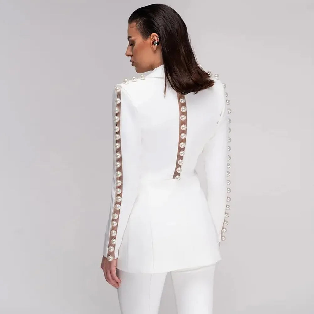 HIGH STREET Newest 2026 Designer Runway Suit Set Women's Pearls Beaded Gauze Patchwork Slim Fitting Blazer Pants Set