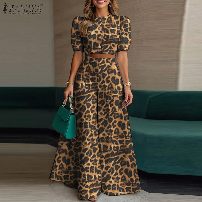 Leopard Print Puff Sleeve Pants Set