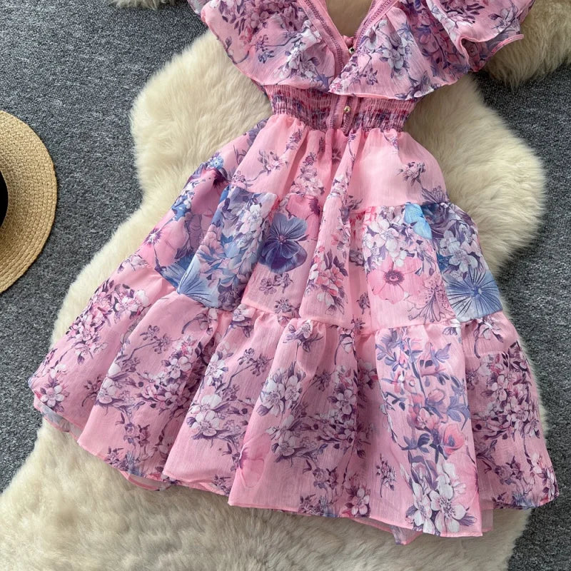 Boho Summer Floral Ruffle Cutout Mini Dress for Women