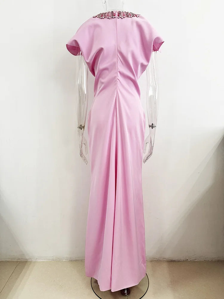 HIGH STREET Newest 2026 Designer Vestido Women's Stunning Duty Beaded Rhinestone Accented  Gown With Bat Sleeves