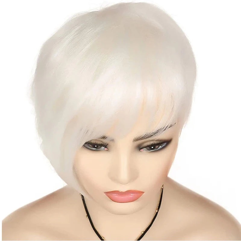 Heat Resistant White Fringe Pixie Hair Wig For Women