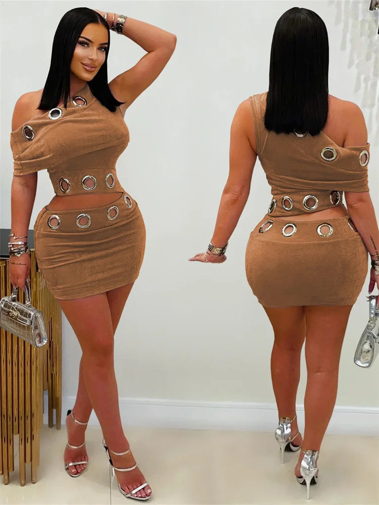 Hollow Out Skew Collar Crop Top and Skirt Two Piece Set for Women
