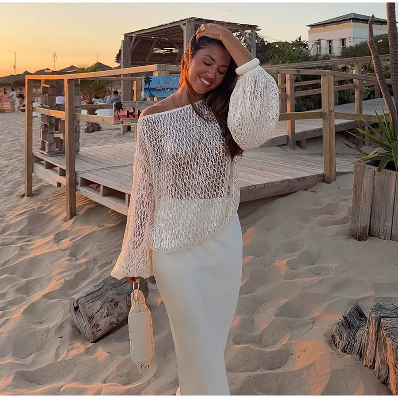 White Hollow Crochet Off Shoulder Long Sleeve Top For Women