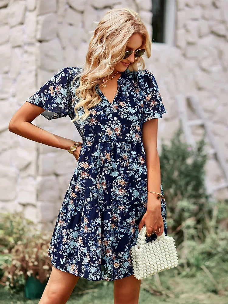 Casual Round Neck Floral Print Pullover Dress For Women