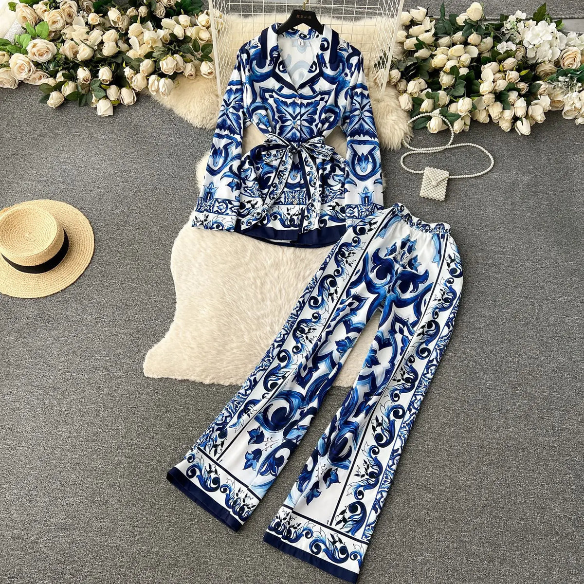 Casual Turn Down Collar Two Piece Pants Set for Women