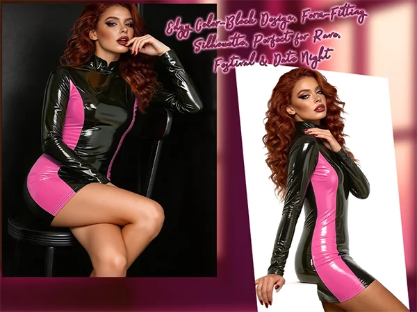 Shiny Contrast High Neck Patent Leather Dress For Women