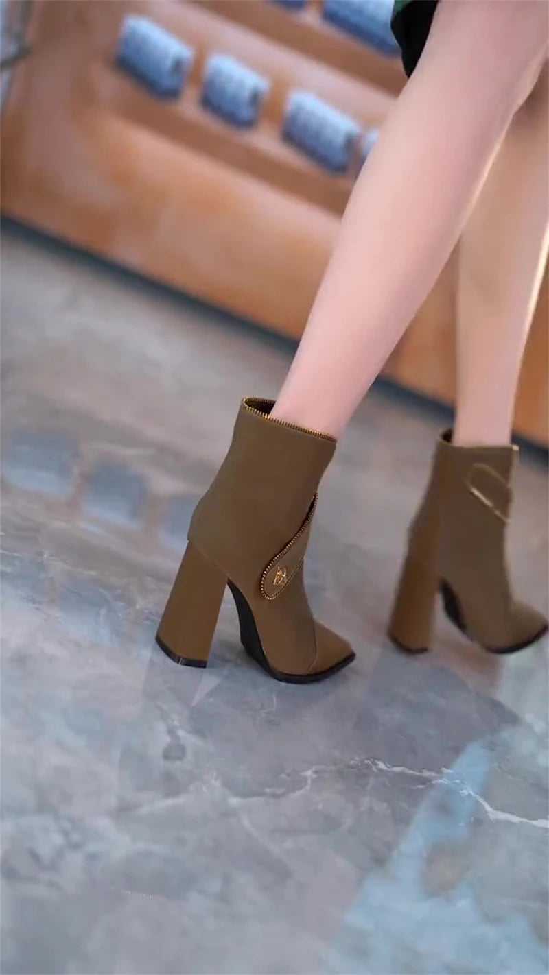Chunky Heel Pointed Toe Front Zipper Ankle Boots for Women