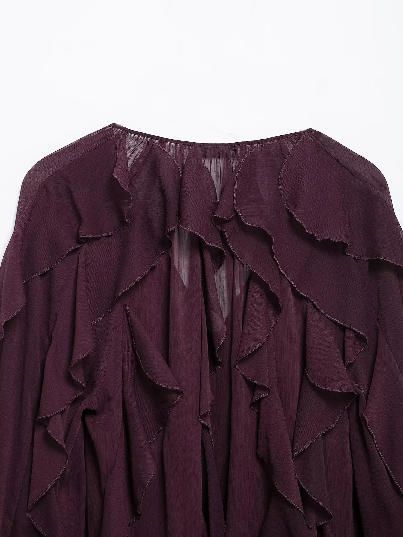 TRAFZA 2025 Women Elegant Solid Ruffles Blouse Spring Female V-Neck Long Sleeved Gauze Shirt Casual Hollow Out Lady Clothes