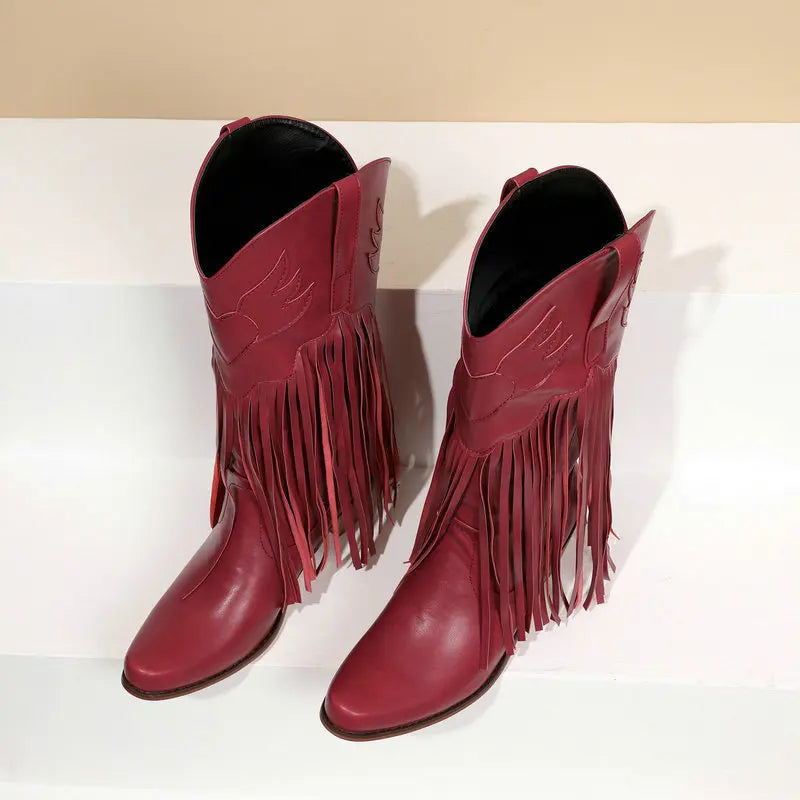 Retro Western Style Mid Calf Boots With Block Heel Tassels For Women