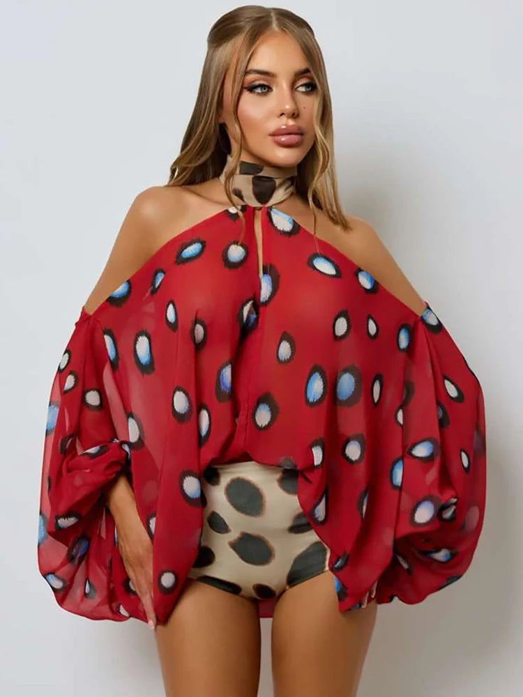 Polka Dot Halter Backless Playsuit With Headscarf for Women