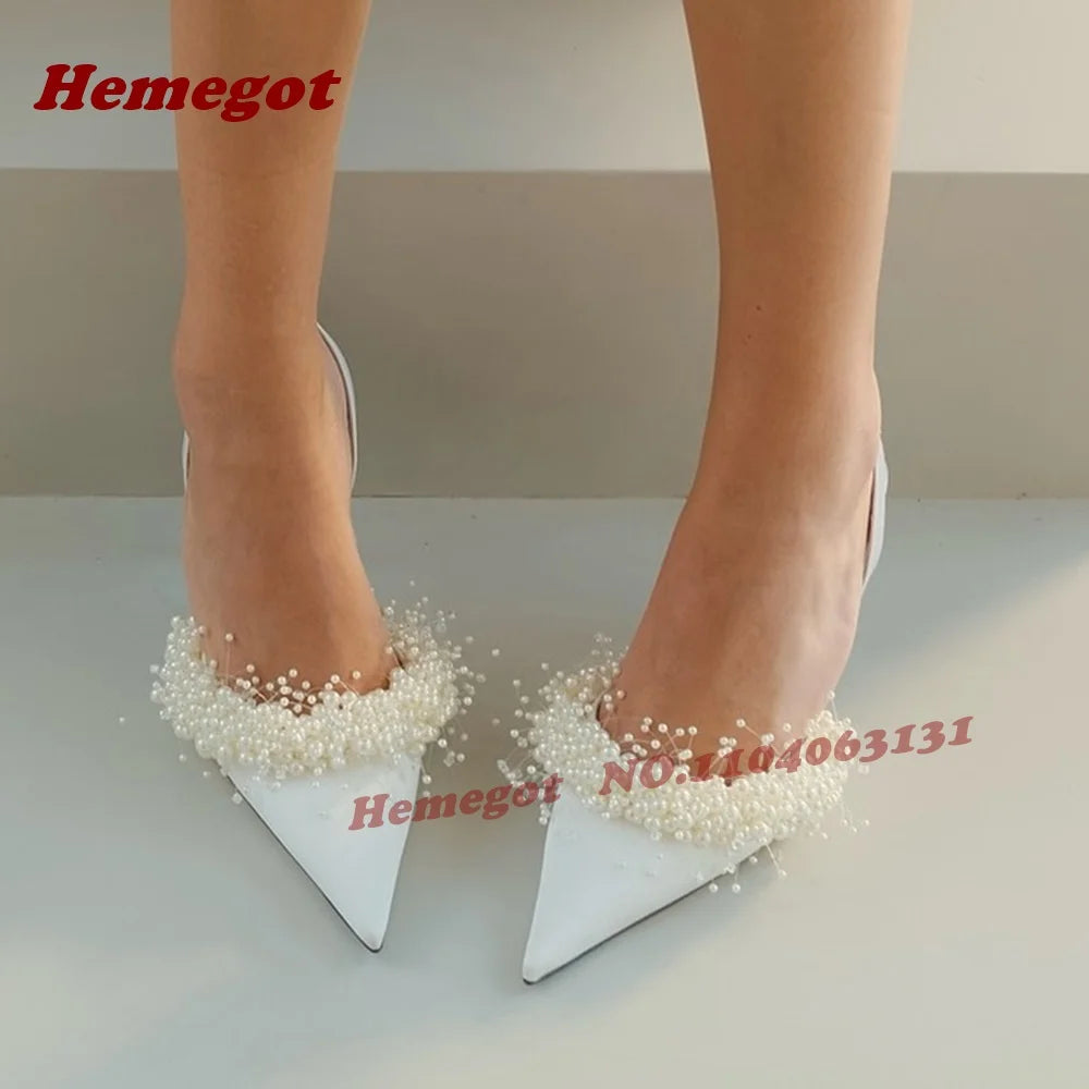 White Pearl Embellished Satin Slingback Pumps for Women