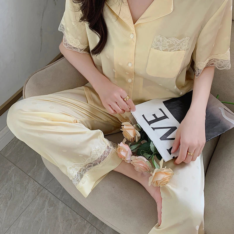 Y2k Pink Sweet Dot Lace Jacquard Women Pajamas French Romantic Lazy Lady Nightgown 2024 New Summer Korean Harajuku Home 2pc Set