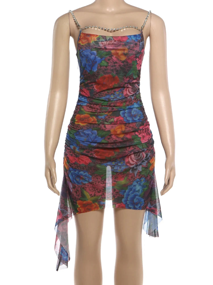 Floral Print Rhinestone Chain Low Neck Backless Mini Dress for Women
