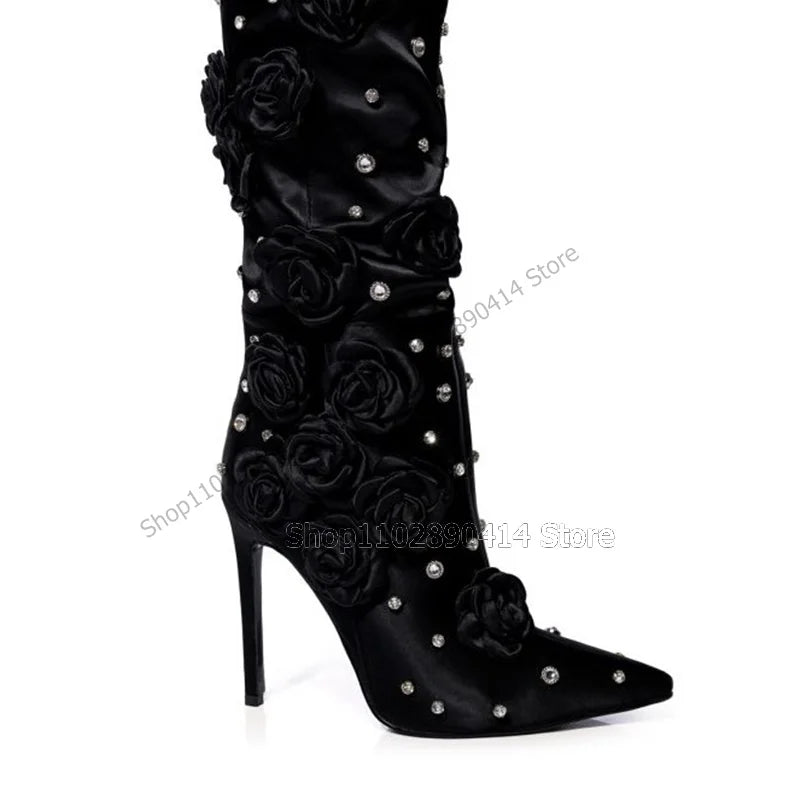 Black Silk Floral Applique Crystal Pointed Toe Thigh High Boots For Women
